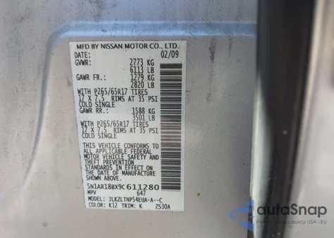 2009 Nissan Pathfinder Se из США, поврежденный, VIN 5N1AR18BX9C611280